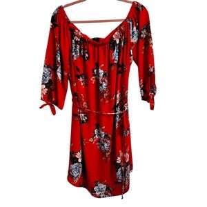 Rue 21 Red Floral Pattern Summer Midi Dress On Off Shoulder Tie Waist Flowy 1X